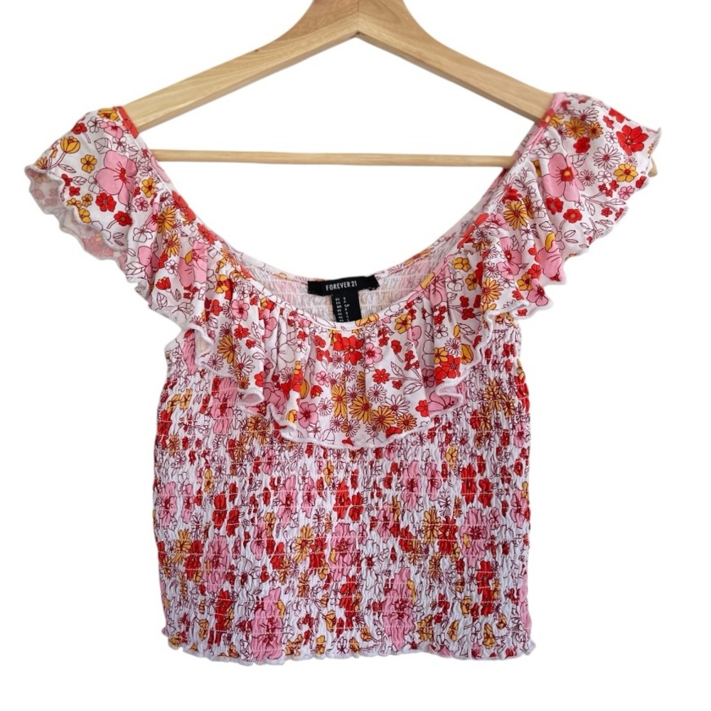 Forever 21 Floral Ruched Flutter Sleeve Crop Top Blouse S